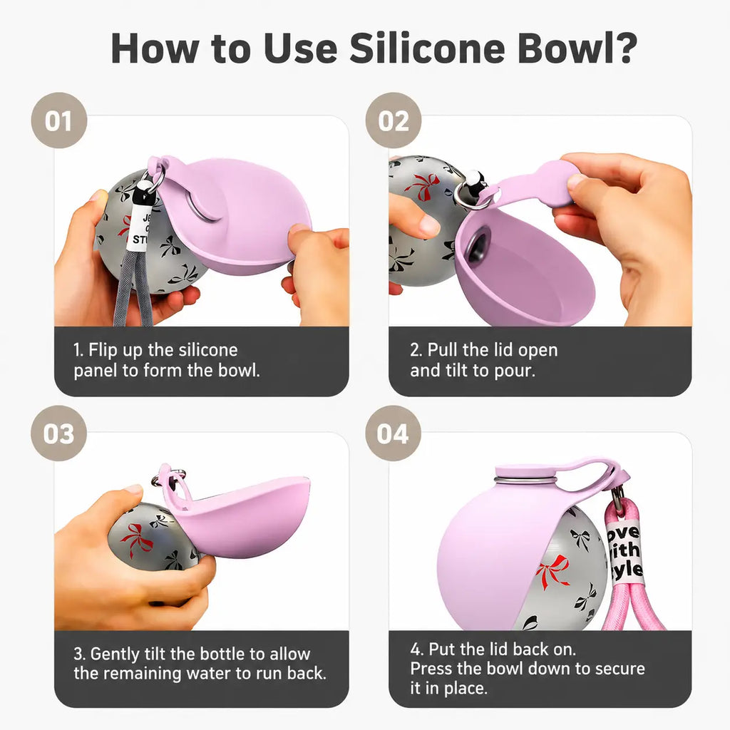 Showing how to use the pink portable stainless steel dog water bottle with patterns.