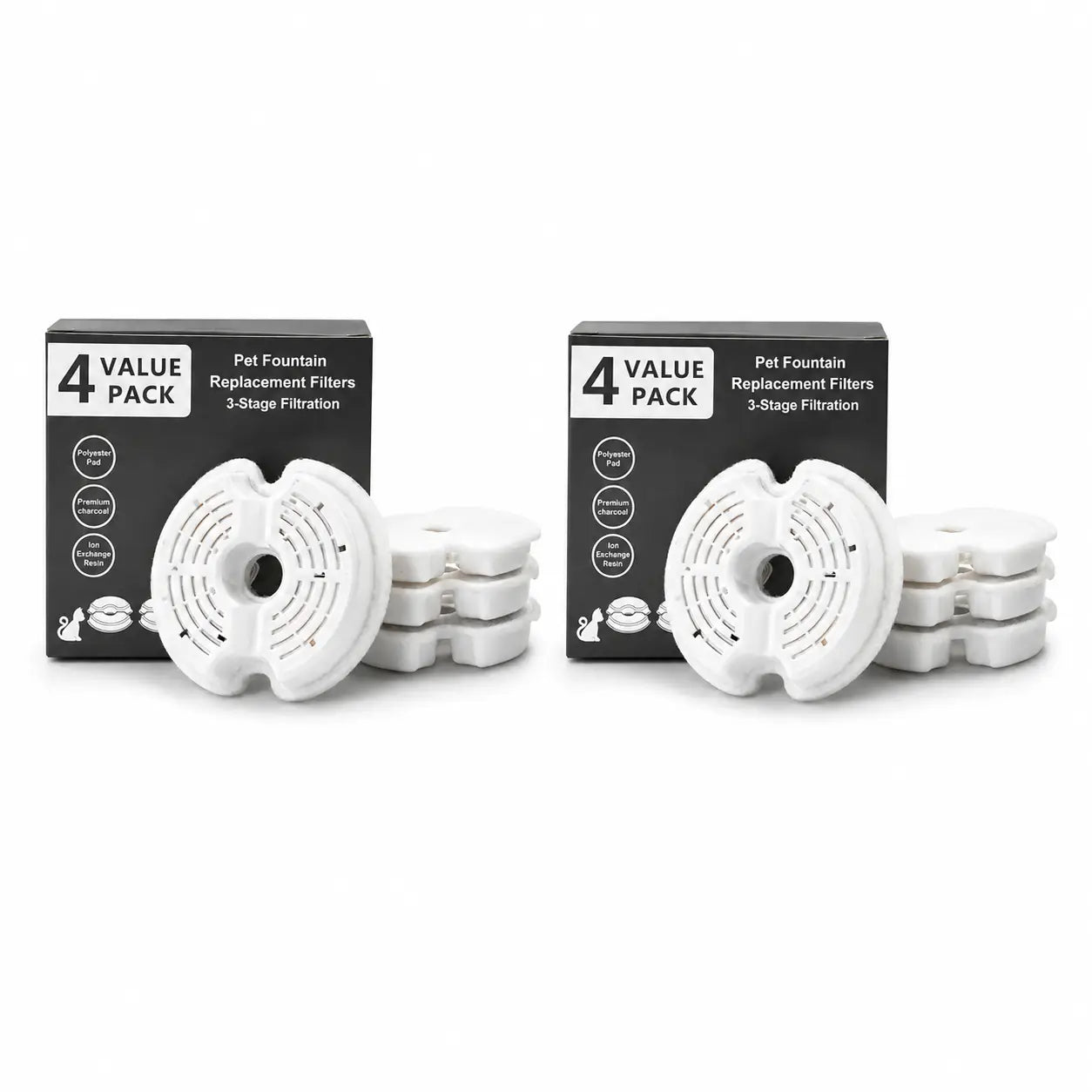 Two 4 pack replacement filter boxes for automatic pet water fountain