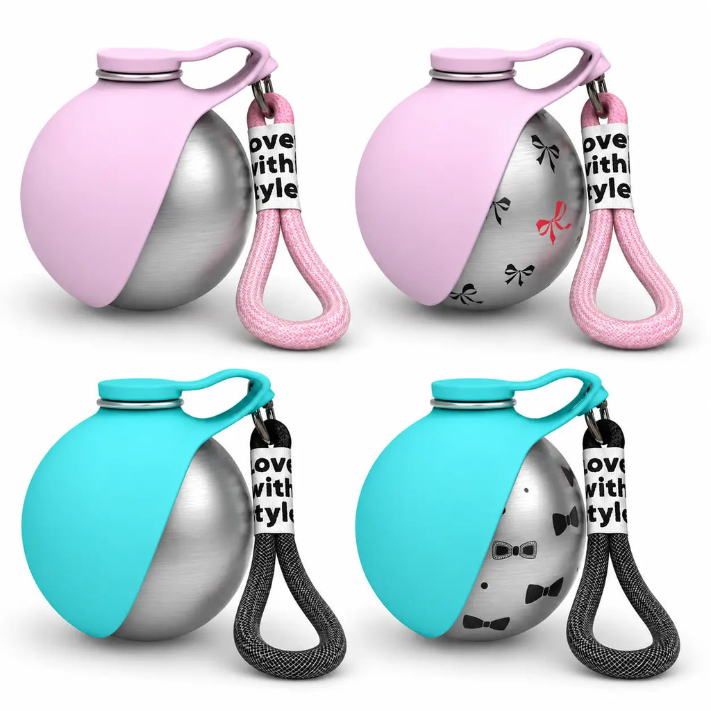 The 4 available models of portable stainless steel dog water bottle.
