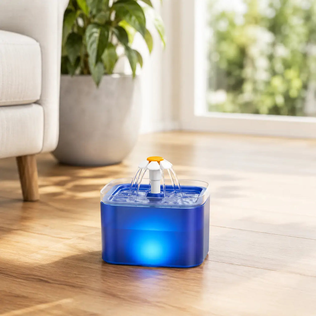 Blue automatic pet water fountain with LED light for cats and dogs