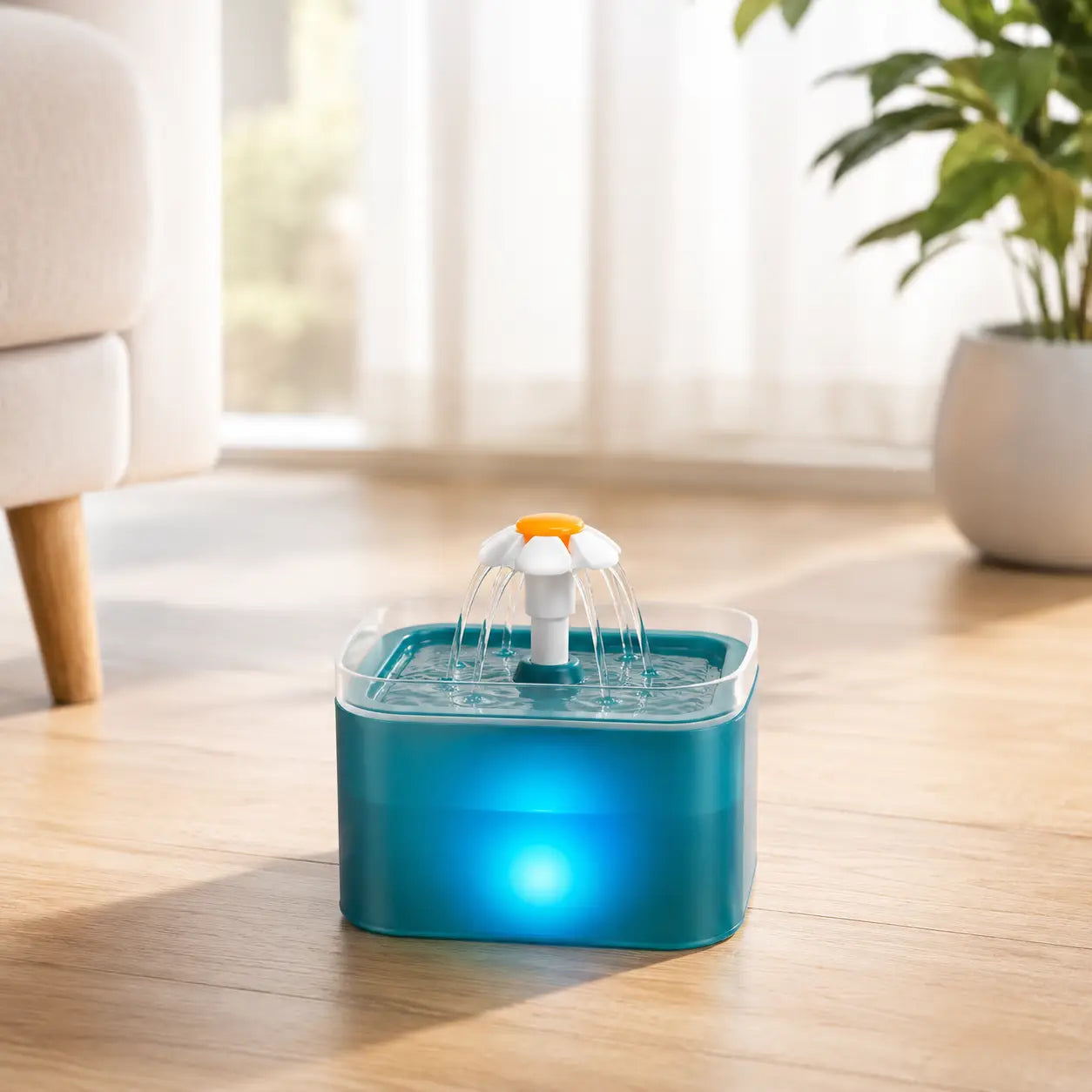 Teal automatic pet water fountain with LED light for cats and dogs