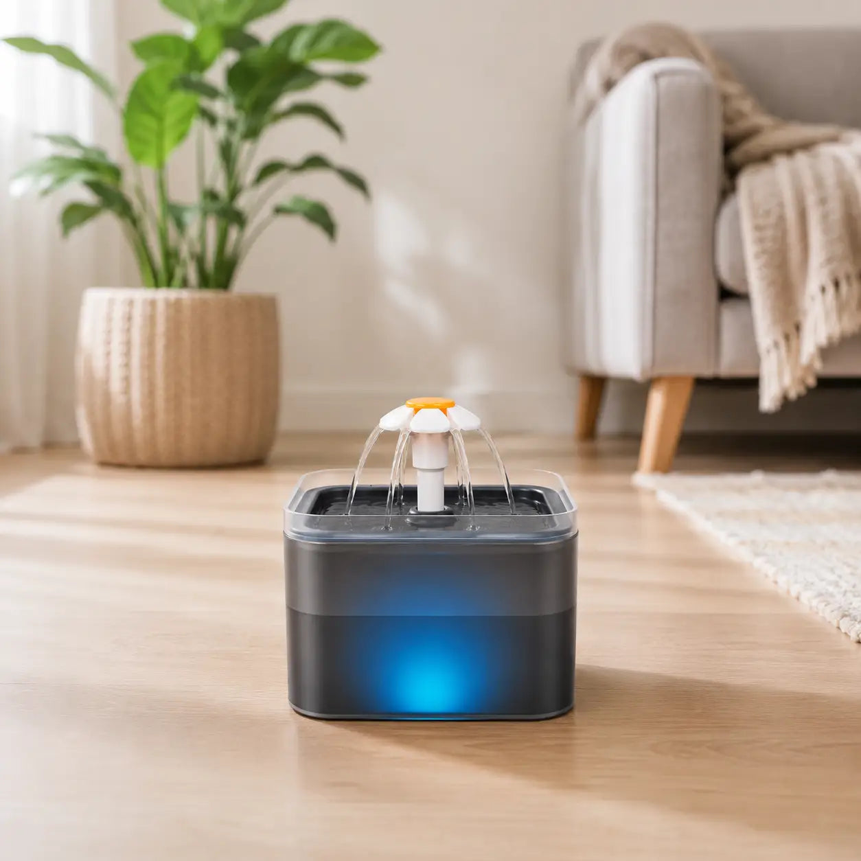 Grey automatic pet water fountain with LED light for cats and dog