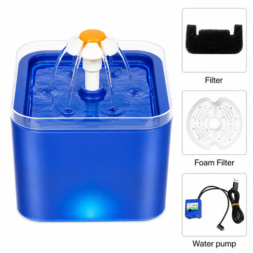Blue pet water fountain with filter, foam filter, and water pump components