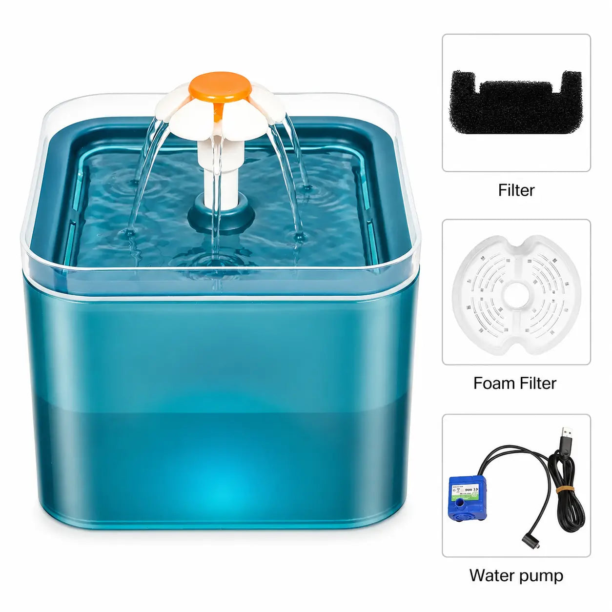 Teal pet water fountain with filter, foam filter, and water pump components