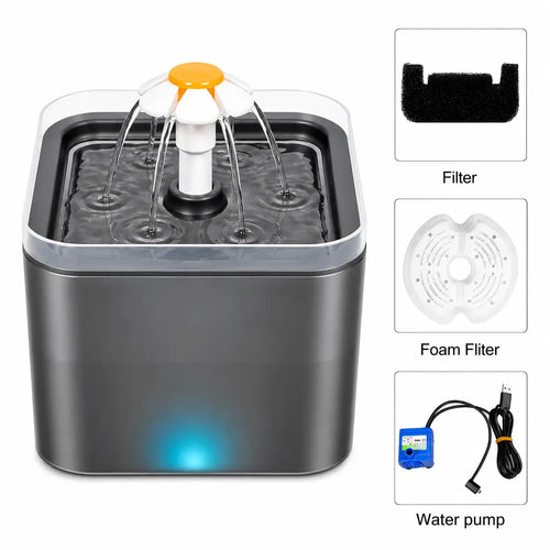 Grey pet water fountain with filter, foam filter, and water pump components.